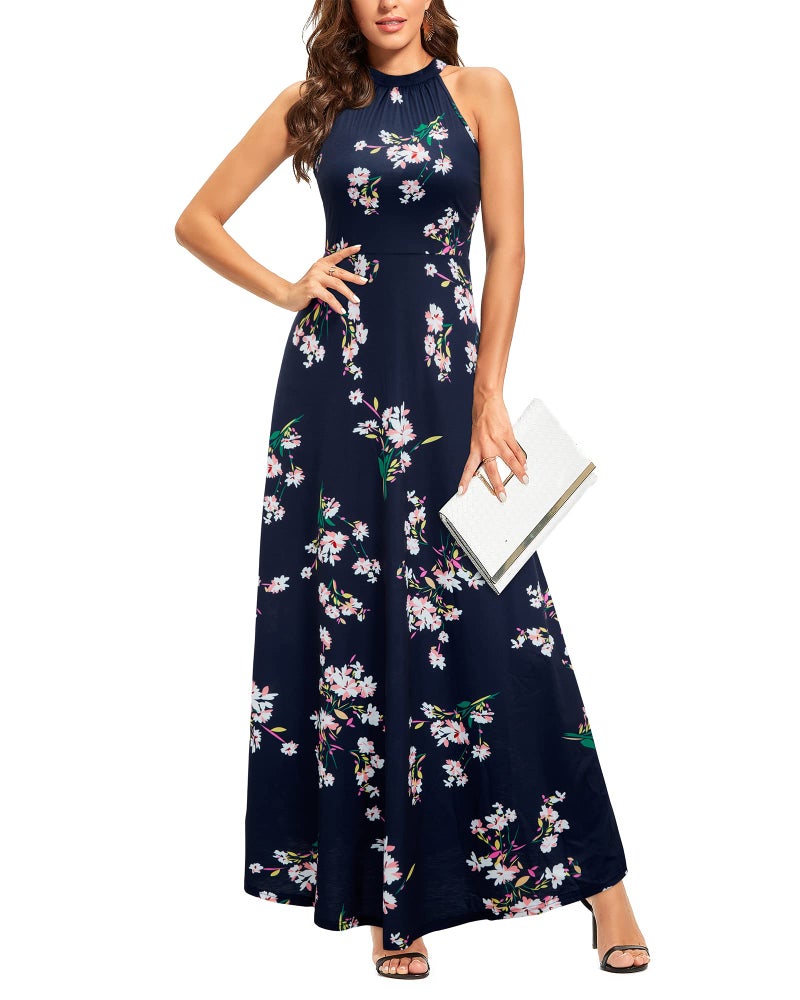 STYLEWORD 2025 Women's Summer Dress Maxi Sleeveless Elegant Formal Evening Halter Long Sping Dresses Wedding Trendy(Floral 21,L) - Image 1